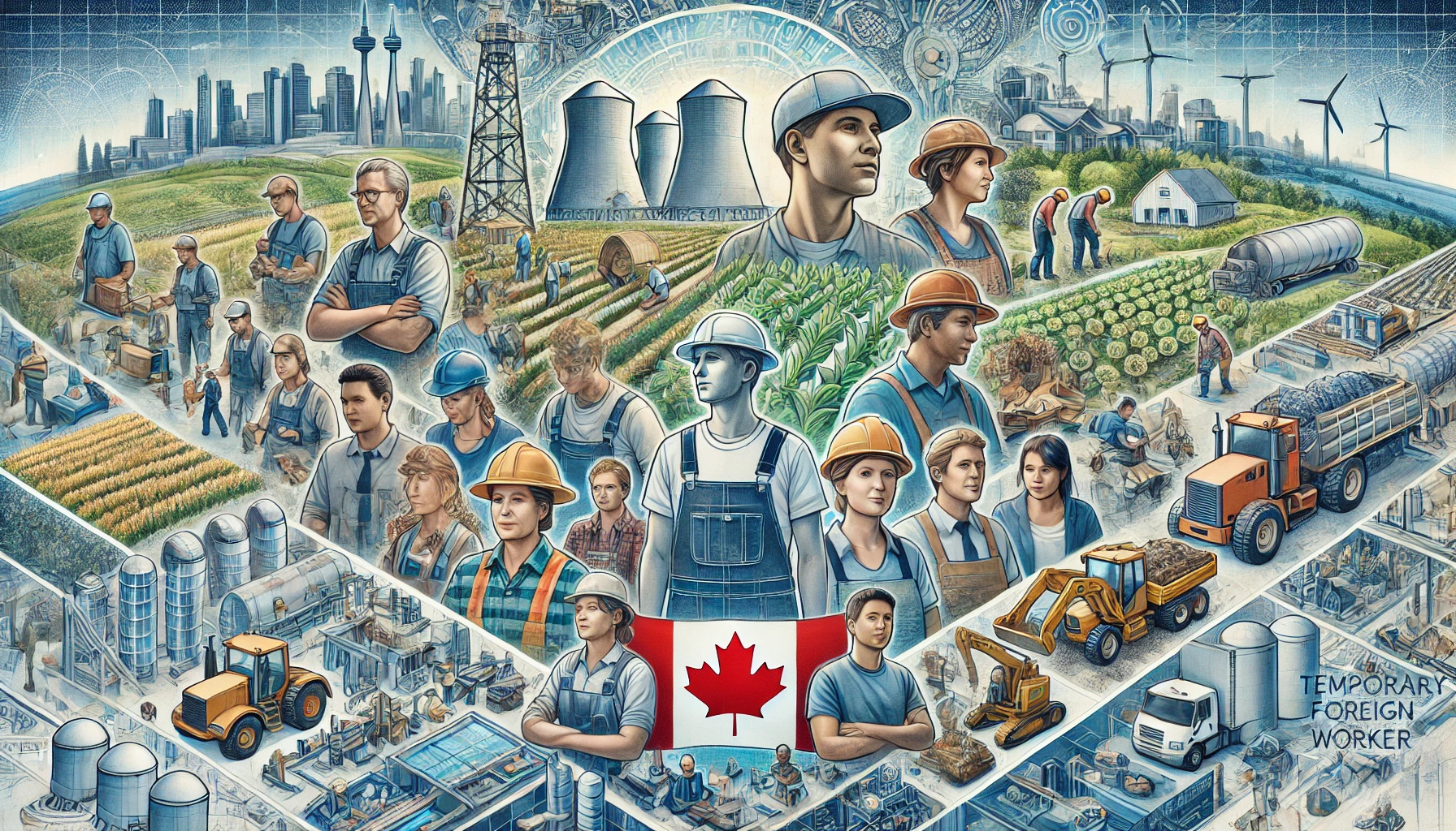 Various workers such as an agricultural worker, high-tech professional, and construction worker in different industry settings under the Temporary Foreign Worker Program in Canada.