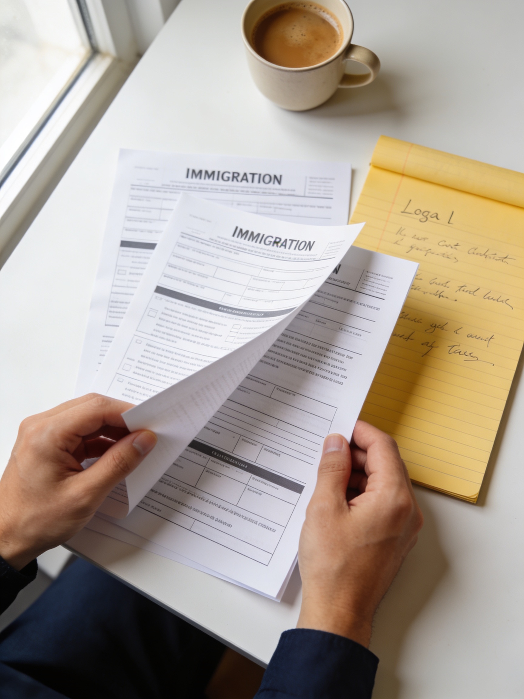 A person's hands reviewing printed immigration documents and handwritten legal notes on a white desk beside a cup of coffee, representing careful case preparation for a Federal Court judicial review.