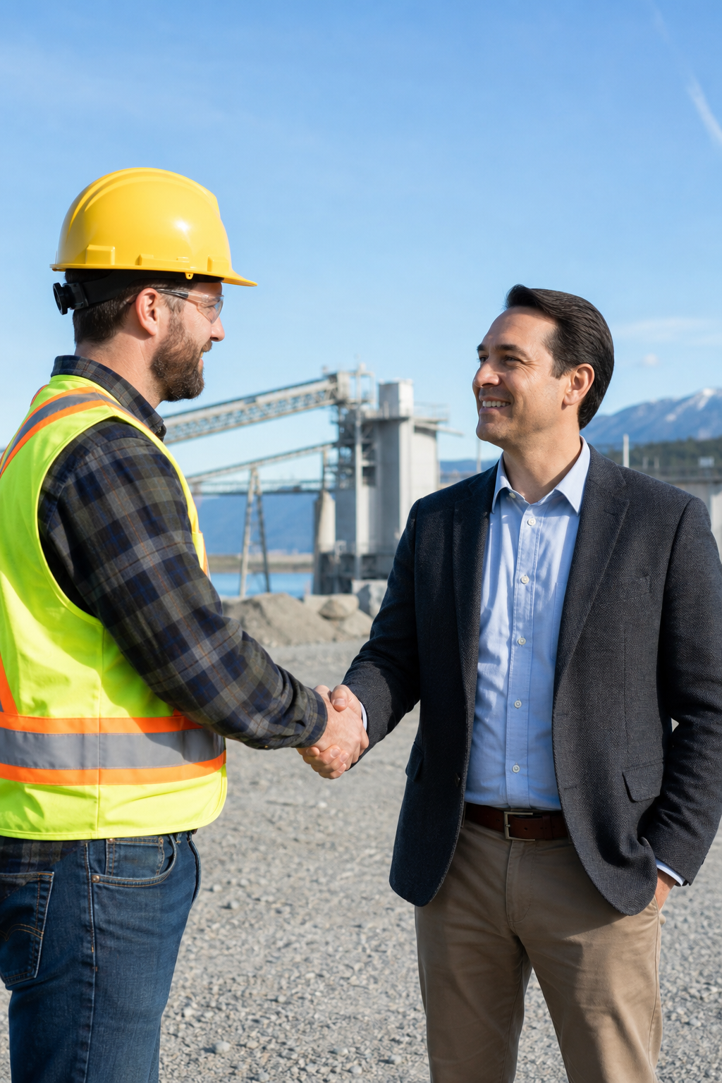 An employer and a skilled worker shaking hands at a Canadian worksite, representing employer-backed job offers under the NLPNP and Atlantic Immigration Program