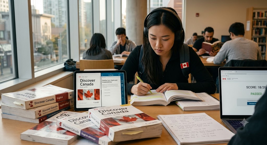 A documentary-style photograph taken inside a busy public library in Metro Vancouver in 2026. An East Asian woman in her late 20s is intensely studying, surrounded by multiple physical copies of the 'Discover Canada' study guide and a tablet displaying the eBook version. A nearby laptop shows an unofficial practice test result screen with a passing score of 18/20. Other students are studying in the background under warm ambient light.