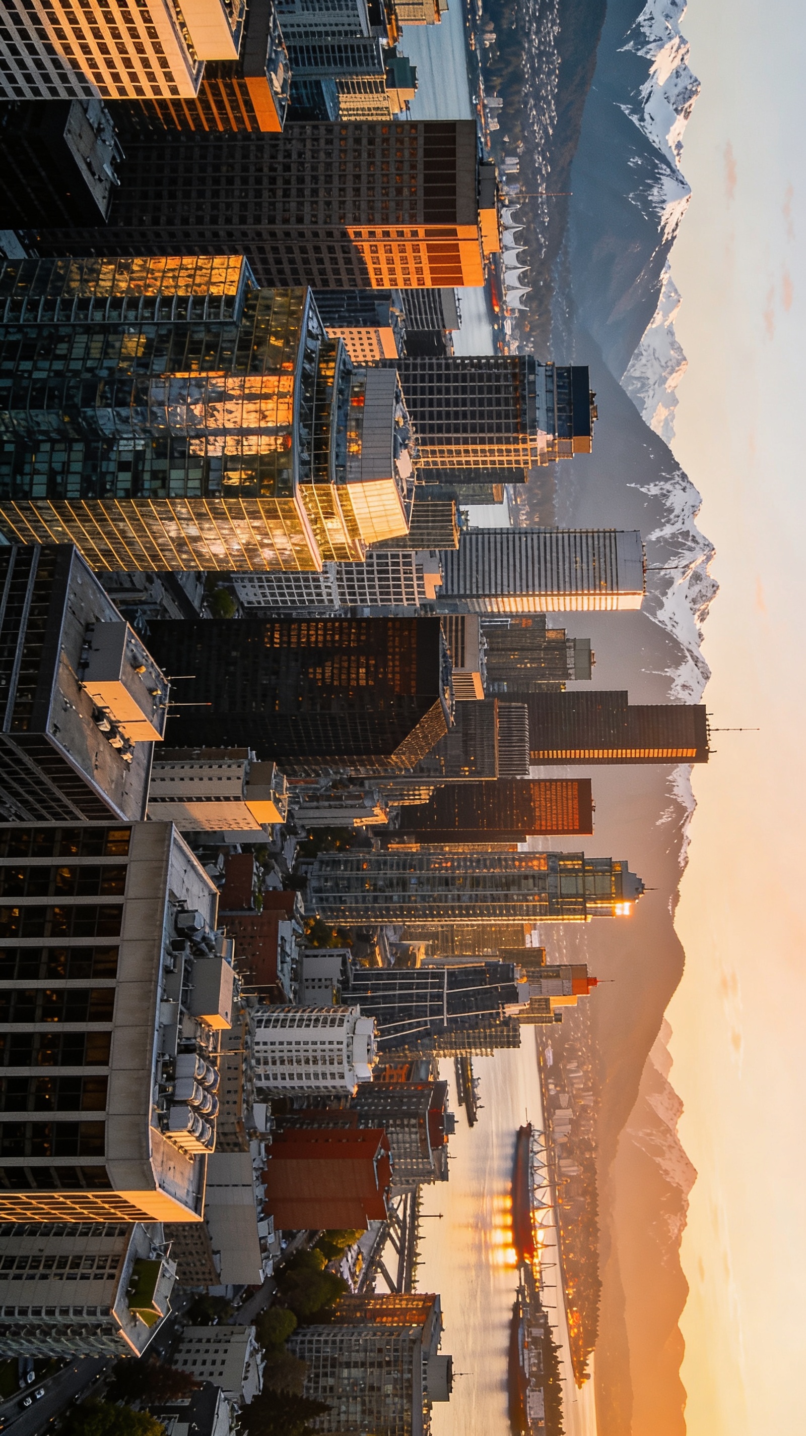Vancouver British Columbia downtown skyline at golden hour with mountains in the background, representing business immigration opportunities in Metro Vancouver