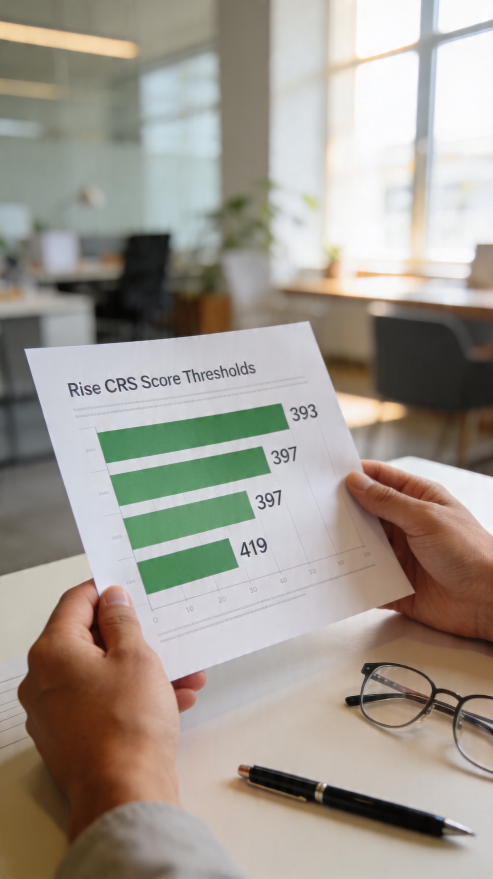 Printed bar chart comparing CRS score cutoffs across recent Express Entry draws, including the April 2026 French-language round