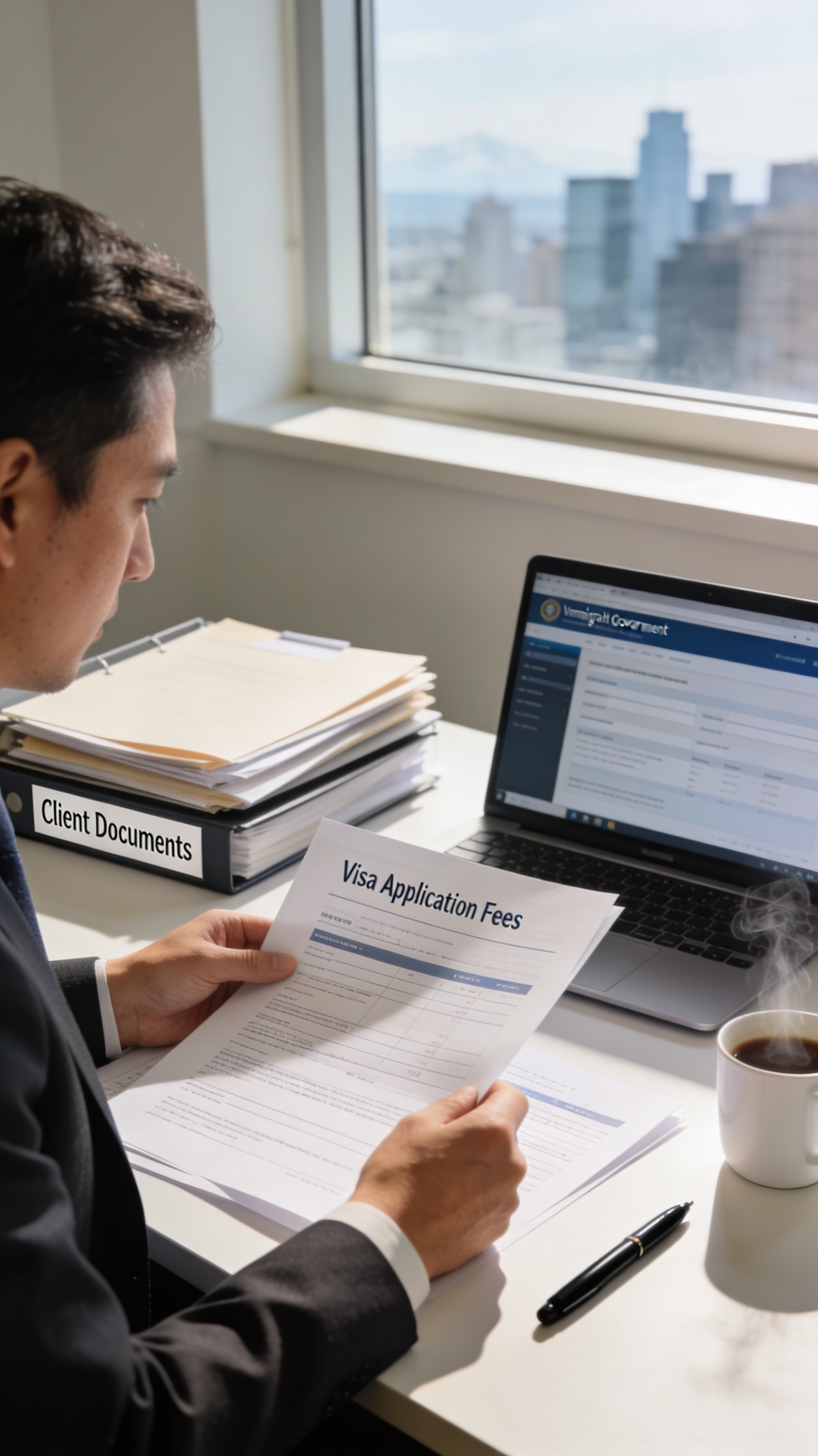 Immigration consultant reviewing permanent residence fee documents at a desk in a Vancouver office, with a laptop open to the IRCC website