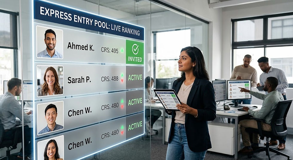 A photograph inside a modern office, featuring an East Asian woman holding a tablet and looking at a large, transparent digital leaderboard labeled "EXPRESS ENTRY POOL: LIVE RANKING." The board displays a dynamic list of candidate profiles with headshots, names, and varying Comprehensive Ranking System (CRS) scores, including some marked "ACTIVE" and one labeled "INVITED." Diverse colleagues are working at desks in the background, out of focus.