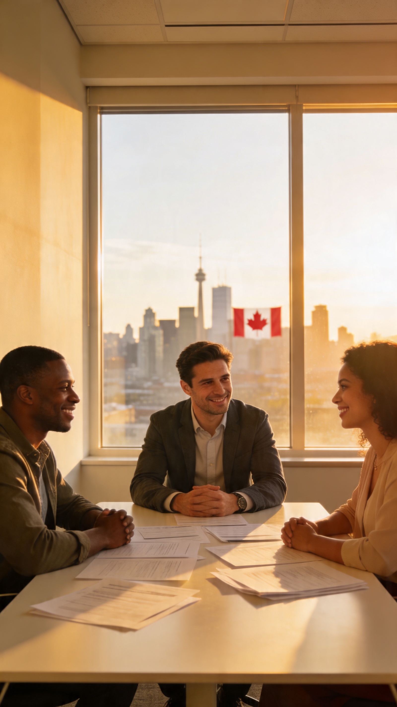 Immigration consultant reviewing Express Entry permanent residence application documents with clients at a bright office in Canada