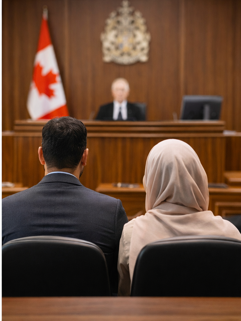 Refugee claim hearing scene in a Canadian courtroom with applicants facing a judge