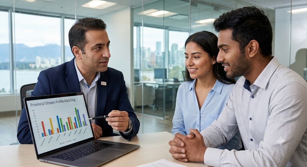 Amir Ansari, a Middle Eastern immigration consultant wearing an RCIC lapel pin, points to a laptop screen displaying a colorful 'Provincial Stream Profile Matching' data chart. He is seated with a diverse young Hispanic and South Asian couple in a modern office in Metro Vancouver, which has a blurred view of the downtown skyline through the glass window, under consistent, professional, soft lighting.