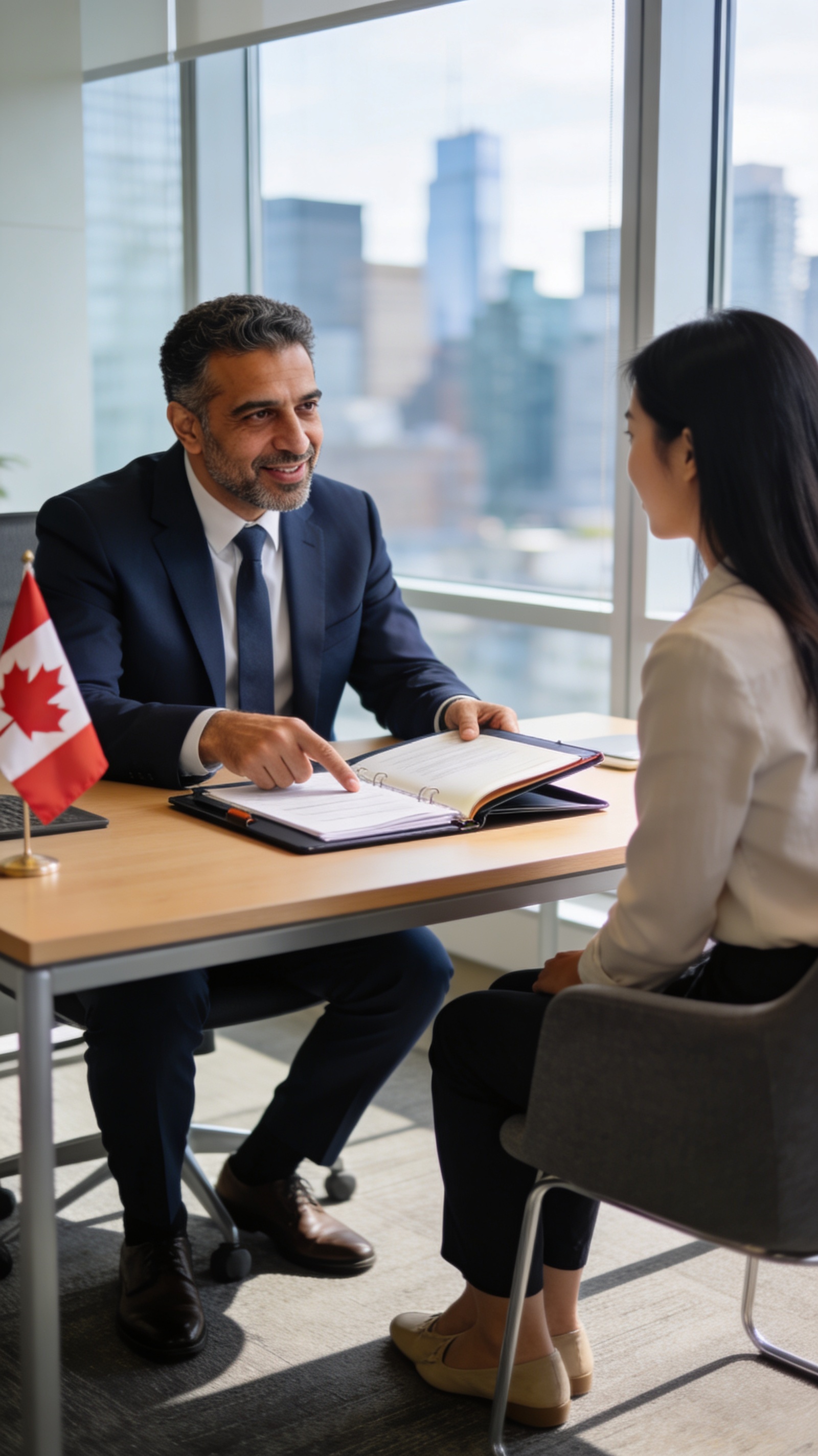 An immigration consultant in a navy suit sits across from a young female client in a bright Vancouver office, pointing to an open document folder on the desk with a Canadian flag visible, representing a professional PGWP expiry strategy consultation.