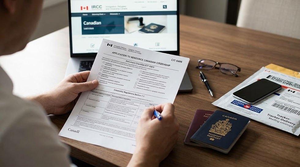 A person holding a blue pen fills out a Canadian "APPLICATION TO RENOUNCE CANADIAN CITIZENSHIP" (Form CIT 0496) at a wooden desk. They are referring to a Document Checklist (CIT 0501) and Section 7.1 of the Citizenship Regulations on the paper.
A dark blue Canadian passport rests on top of another foreign passport on the desk, alongside eyeglasses, a pen, a smartphone, and a tracker-delivery mailing envelope. In the blurred background, an open laptop displays the official IRCC website on its screen.