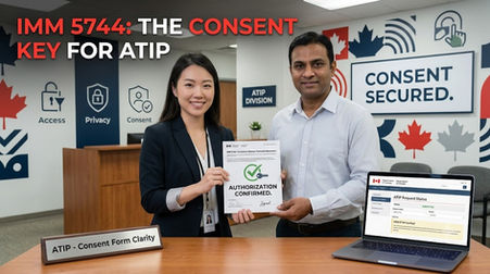 A wide-angle, professional photograph taken inside a modern Canadian government ATIP reception office, titled by a large red headline text at the top left that reads: "IMM 5744: THE CONSENT KEY FOR ATIP." Two smiling professionals, an East Asian woman in a navy blazer and ID lanyard and a South Asian man in a light blue button-down shirt, are presenting the successful completion of an authorization. The woman, holding a signed document with her right hand, points with her left index finger to its title: "IMM 5744: Consent to Release Personal Information." The document features a large green checkmark with a stylized key inside a circular icon and the text "AUTHORIZATION CONFIRMED." The man stands beside her, holding an open laptop with its screen visible, displaying an official Canadian Government website portal screen titled "ATIP Request Status," with small red and maple leaf graphical elements and text. In the foreground, a small wooden desk plaque with a metal plate reads: "ATIP -