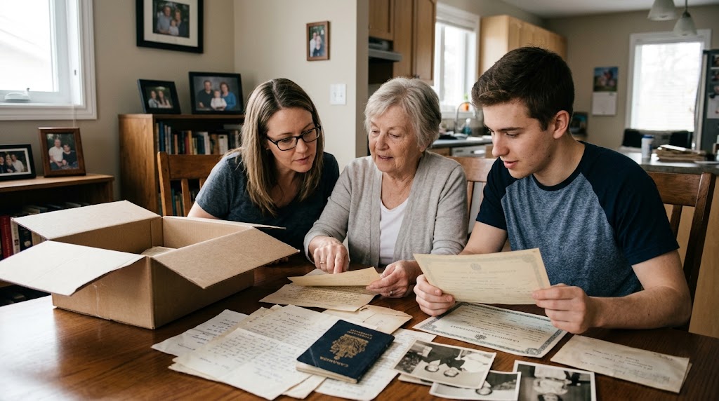 A grandmother, mother, and teenage son sitting at a wooden dining table, carefully reviewing old family documents, vintage photographs, and an old blue Canadian passport from a cardboard box, tracing their multi-generational lineage at home.