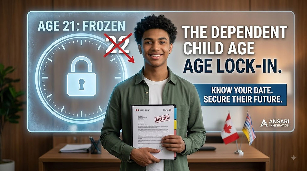 An infographic blog header titled "THE DEPENDENT CHILD AGE LOCK-IN," featuring a smiling young man holding an IRCC document with a "RECEIVED" stamp. He stands next to a large digital padlock and clock graphic that explicitly shows "AGE 21: FROZEN" with the number "22" crossed out by a red 'X'. The text "KNOW YOUR DATE. SECURE THEIR FUTURE." is prominent, and branding for "ANSARI IMMIGRATION" is in the corner.