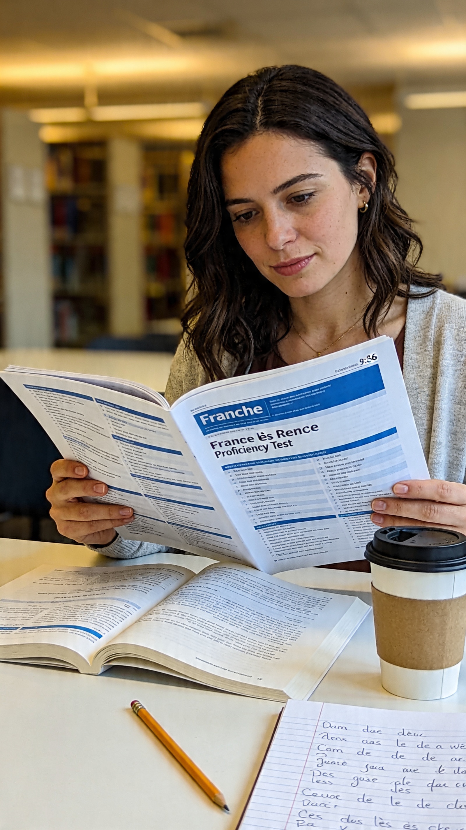 Woman studying French language proficiency materials to improve her Express Entry CRS score for Canadian immigration