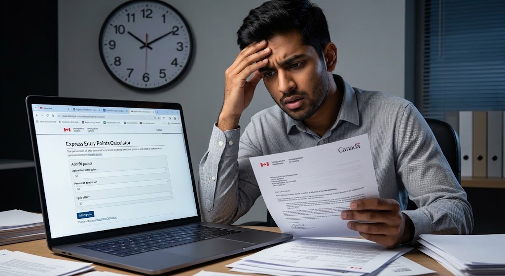 A close-up documentary-style photograph in a cluttered Metro Vancouver office, focusing on a stressed young South Asian man holding his hand to his forehead, looking confused while comparing physical immigration documents with conflicting, outdated information on an Express Entry calculator on his laptop late in the evening.