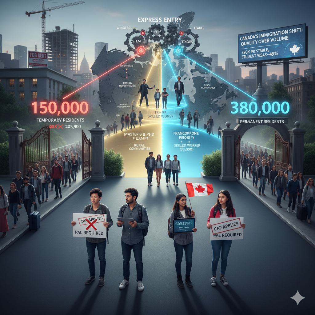Infographic showing Canada's 2026-2028 immigration plan with temporary resident reductions and stable permanent resident numbers.