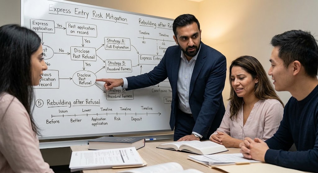 Immigration consultant Amir Ansari in a meeting room, using a marker on a whiteboard covered in complex flowcharts related to "Express Entry Strategy: Handling Past Refusal" and "Risk Analysis," while an Iranian couple watches with concentration.