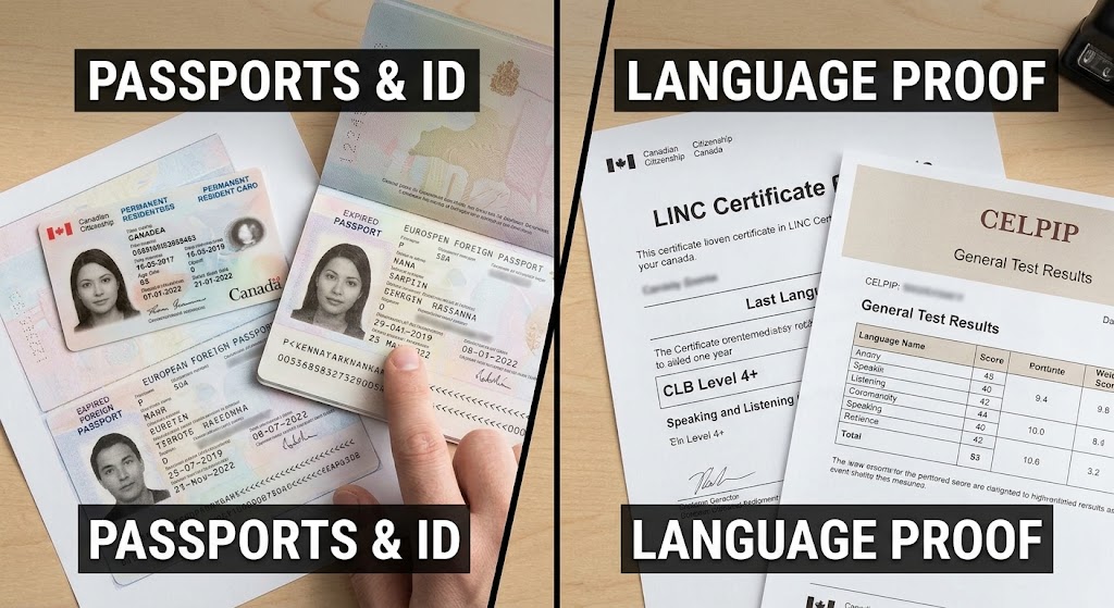 Split-screen photograph illustrating two critical components: On the left, 'PASSPORTS & ID' shows copies of an expired passport and PR card; on the right, 'LANGUAGE PROOF' displays a LINC certificate and CELPIP test results.