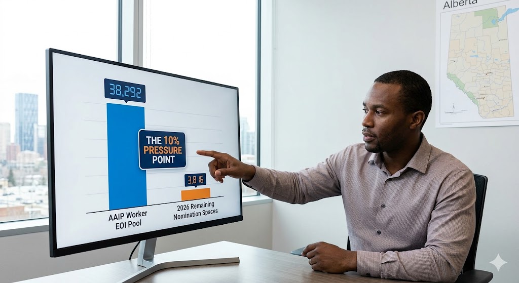 A professional corporate photograph taken in a modern Calgary office, featuring an African man pointing at a large monitor displaying a data infographic. The visualization titled 'THE 10% PRESSURE POINT' features a tall blue bar labeled 'AAIP Worker EOI Pool' showing 36,255, adjacent to a short orange bar labeled '2026 Remaining Nomination Spaces' showing 2,043. The shallow depth of field emphasizes the data, with the Calgary skyline visible through a large window in the background.