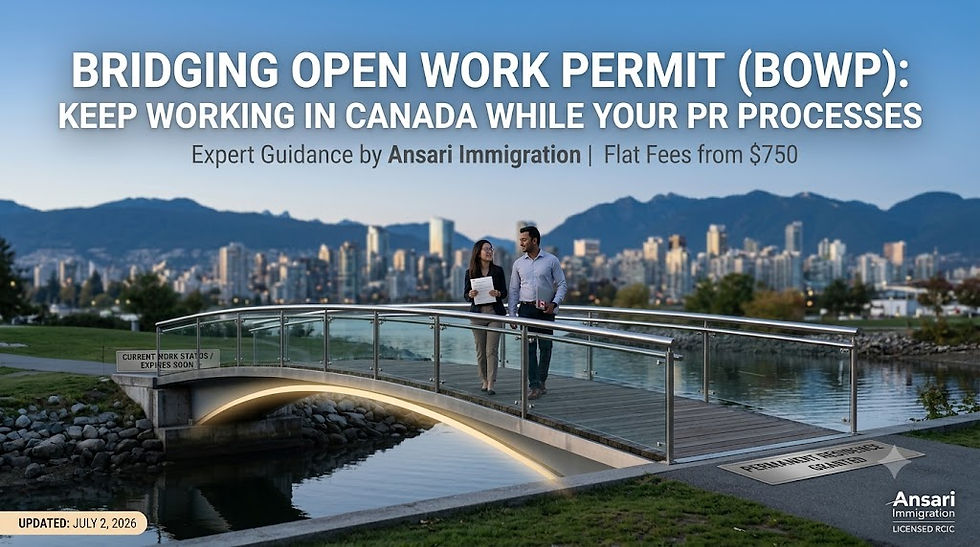 A scenic graphic advertisement from Ansari Immigration. In the background, two people walk across a footbridge toward a large city skyline and mountains. Small signs on the bridge indicate a journey from "CURRENT WORK STATUS / EXPIRES SOON" to "PERMANENT RESIDENCE / GRANTED." Large overlay text reads: "BRIDGING OPEN WORK PERMIT (BOWP): KEEP WORKING IN CANADA WHILE YOUR PR PROCESSES" and "Expert Guidance by Ansari Immigration | Flat Fees from $750." The bottom left shows a date: "UPDATED: JULY 2, 2026," and the Ansari Immigration logo is in the bottom right.