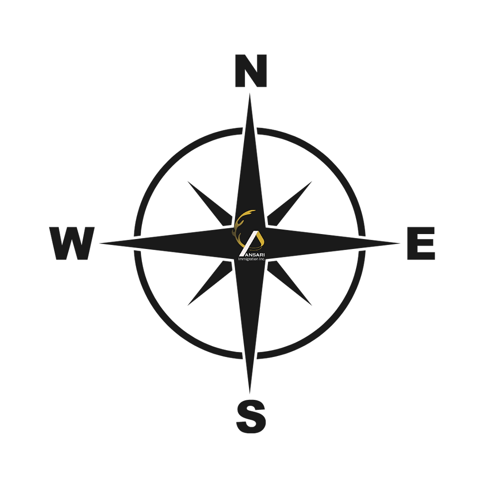 A compass symbolizing the expert guidance provided by Ansari Immigration, with the Ansari Immigration logo at the center of the compass , emphasizing the company's role in navigating the complexities of Canadian immigration.