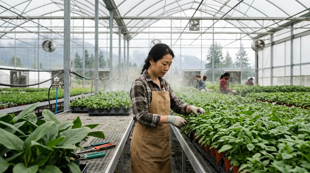 An Asian woman wearing a plaid shirt and apron inspects potted plants on a raised metal bed inside a greenhouse. In the background, other workers are visible among rows of greenery, and misty mountains are seen through the glass structures. At the forefront of the left side, there is an assortment of large leafy plants, alongside a pair of clippers.