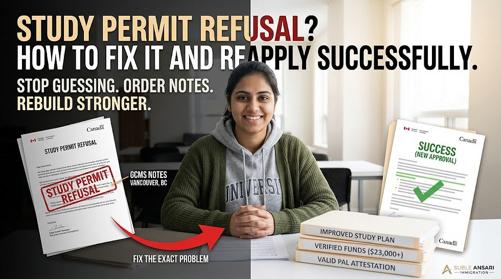A landscape blog cover photo for Ansari Immigration, featuring the confident, smiling East Asian female student from image_0.png and image_1.png seated at a professional, sunlit Vancouver desk. The large headline across the top reads: "STUDY PERMIT REFUSAL? HOW TO FIX IT AND REAPPLY SUCCESSFULLY." The subtitle below reads: "STOP GUESSING. ORDER NOTES. REBUILD STRONGER." The graphic composition illustrates a transformation: the darker left side shows a "STUDY PERMIT REFUSAL" stamp over the detailed GCMS notes seen in image_0.png, linked by a red arrow pointing right toward a bright, optimistic graphic showing the neatly organized folders from image_1.png (labeled "IMPROVED STUDY PLAN," "VERIFIED FUNDS ($23,000+)"), and a new, stylized approval document labeled "SUCCESS (NEW APPROVAL)." The Ansari Immigration logo is in the bottom corner.