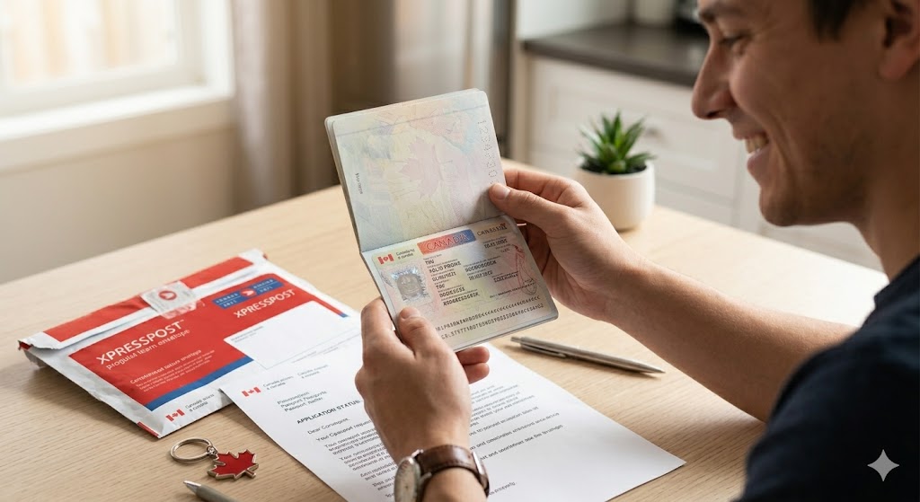 A cheerful man in a clean kitchen, smiling broadly while holding an open Canadian passport with a freshly affixed, official Canadian visa sticker. He is looking at the visa page, with an empty Xpresspost envelope and a metal maple leaf keychain resting on the table, representing the successful conclusion of his visa application.
