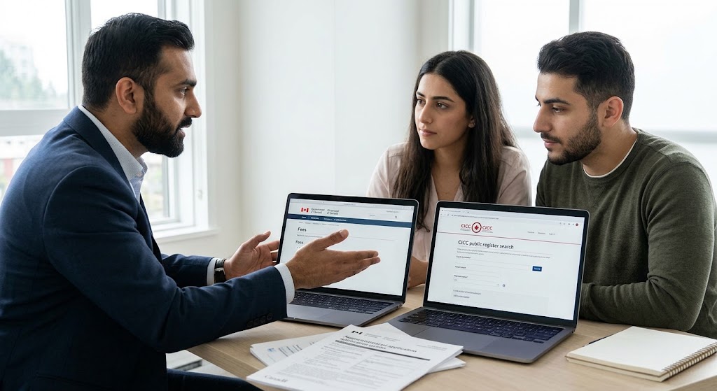 An immigration consultant (Amir Ansari) gesturing toward two laptops—one showing free IRCC forms and the other the CICC public register—while explaining Canadian immigration complexity to an Iranian couple in a professional Vancouver office.