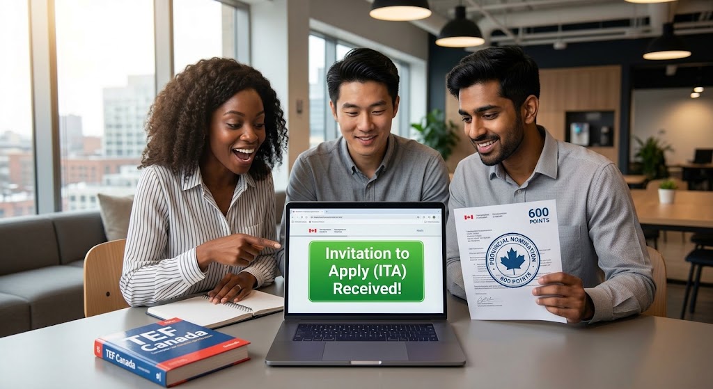 A bright, professional photograph of a smiling, diverse group of three young professionals (one Black woman, one East Asian man, and the South Asian man from image 1) in a modern Toronto workspace. They are celebrating together, looking at a laptop showing an "Invitation to Apply (ITA) Received!" message, with the South Asian man holding a "Provincial Nomination" certificate and a French textbook on the table.