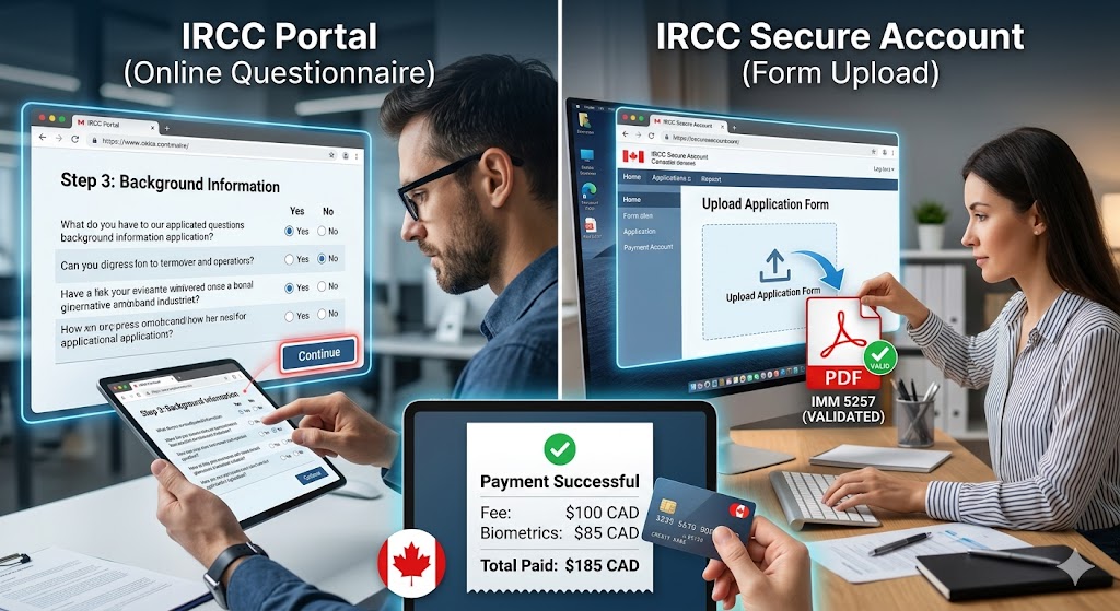 A split infographic image contrasting two Canadian visa application paths: on the left, an applicant uses the "IRCC Portal" online questionnaire on a tablet; on the right, an applicant uploads a validated "IMM 5257" PDF form to the "IRCC Secure Account."