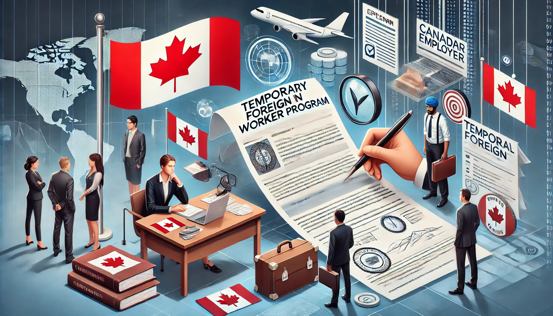 Illustration of the application process for the Temporary Foreign Worker Program in Canada, including employer reviewing documents and foreign worker receiving a work permit.