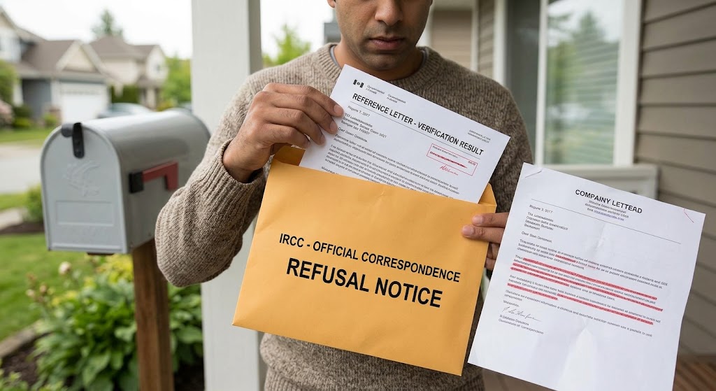 A close-up photograph of an applicant's hands on a front porch. They have just opened a manila envelope marked 'IRCC - OFFICIAL CORRESPONDENCE: REFUSAL NOTICE'. The hands are holding the official notice and the specific document that caused the refusal, a company reference letter that has been marked up with red pen and circles, with the mailbox visible in the blurred background.