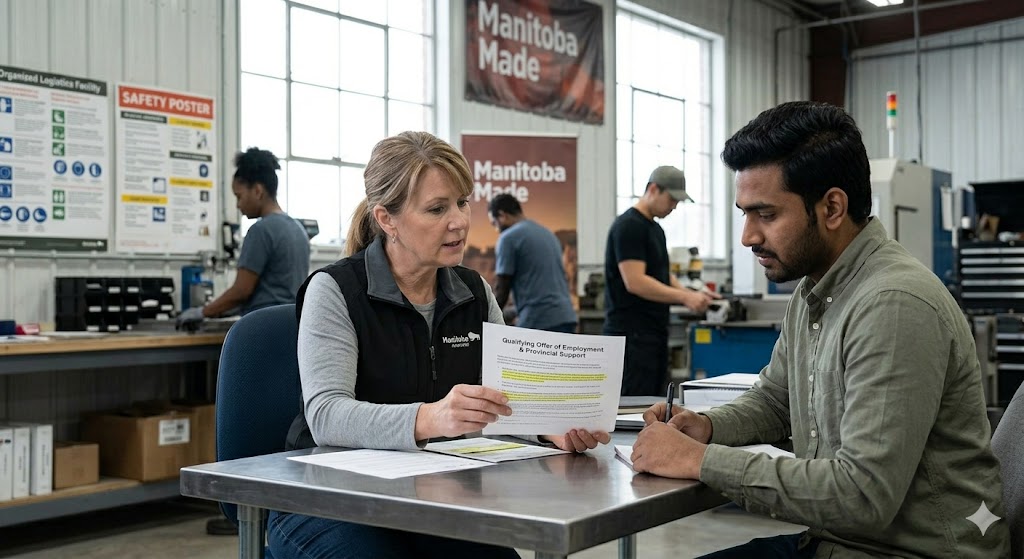 A documentary-style photograph taken inside a working light-manufacturing facility in rural Manitoba. A female Manitoba employer, around 50, in a branded vest, sits at a desk with a South Asian male candidate in his late 20s. They are reviewing a highlighted document titled 'Qualifying Offer of Employment & Provincial Support.' The employer points to text about 'Full-time, long-term employment,' while the candidate takes notes. Safety posters, industrial equipment, and other diverse workers are in the blurred background.