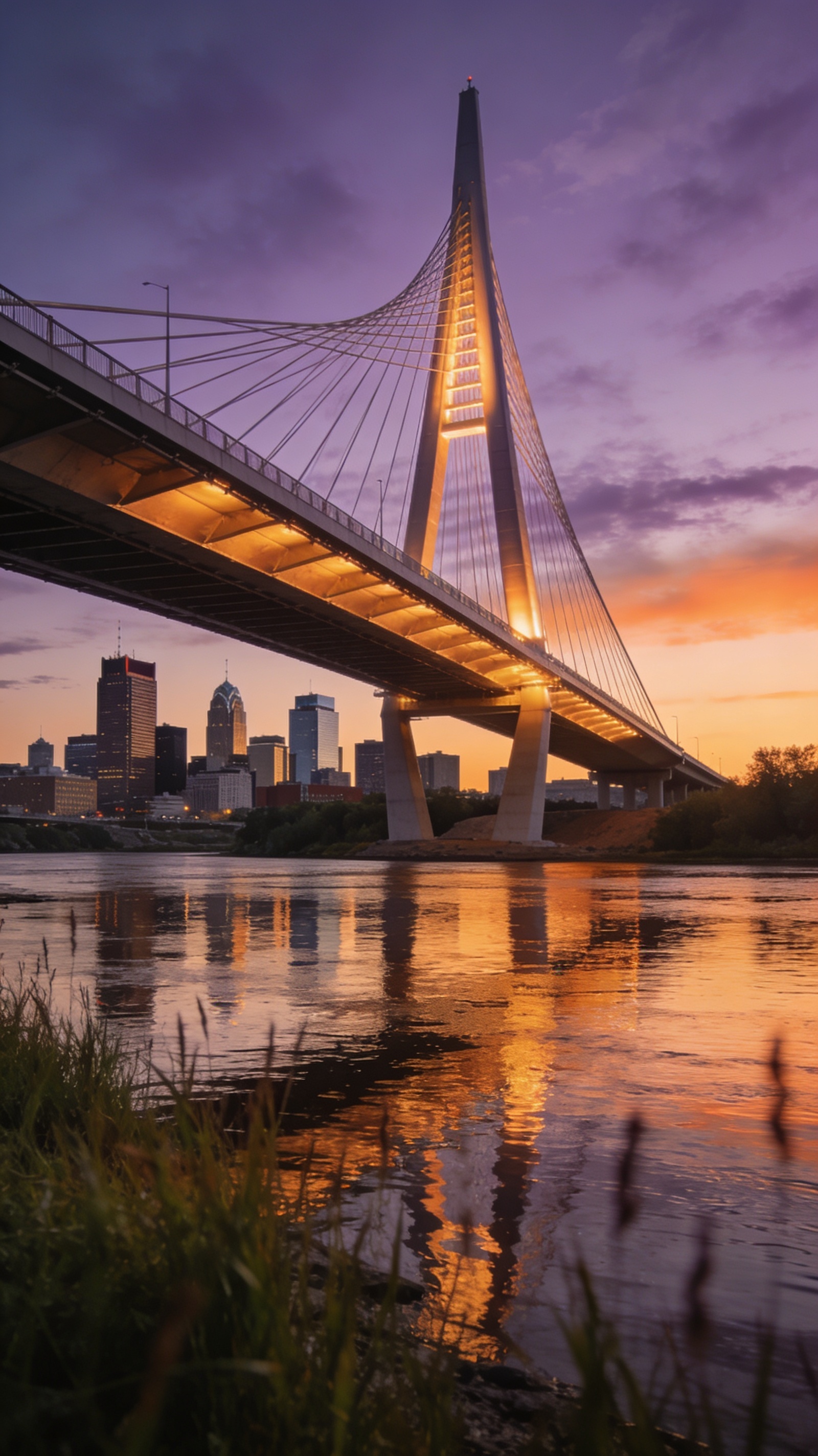 Winnipeg city skyline at dusk with the Esplanade Riel bridge glowing and reflecting in the calm Red River under a purple and orange sky