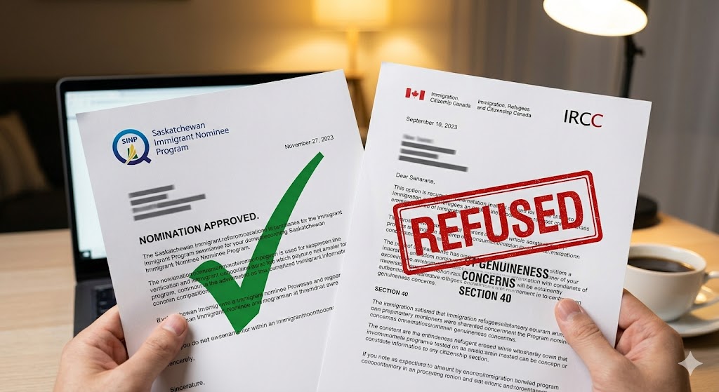 A close-up comparison of two letters: a green-checked Saskatchewan PNP approval and a red-stamped IRCC work permit refusal.