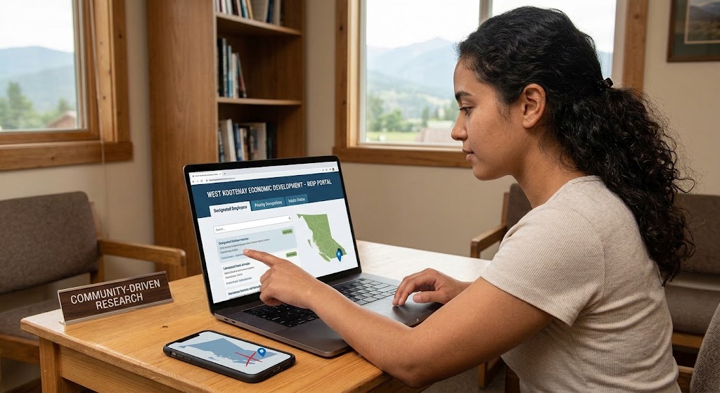 A warm, sunlit indoor photograph of a woman of immigrant heritage sitting at a desk, looking intently at a laptop screen which displays the text 'WEST KOOTENAY ECONOMIC DEVELOPMENT – RCIP PORTAL' and 'COMMUNITY-DRIVEN RESEARCH.' A smartphone on the desk shows a map of British Columbia with a blue pin in the West Kootenay interior and a red cross over Metro Vancouver, indicating geographic restriction.