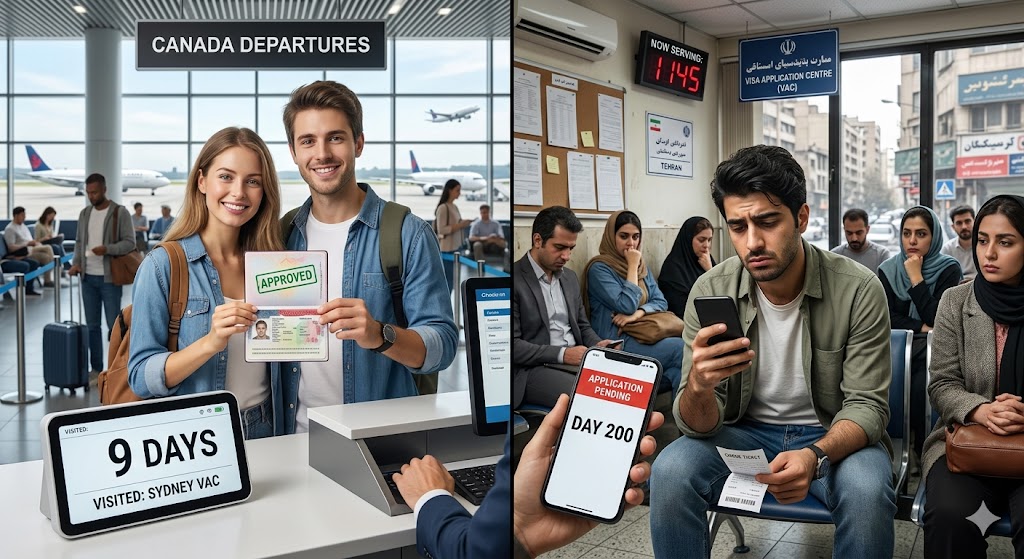 A vertical split-screen photograph illustrating the difference in Canada visitor visa processing times as of June 2026. On the left side, a smiling Australian couple at an airport check-in counter holds an approved passport; a modern digital display shows '9 DAYS' and 'VISITED: SYDNEY VAC'. The right side shows a crowded, tired waiting room in Tehran, Iran, where a man checks a phone screen displaying 'APPLICATION PENDING' and 'DAY 200'.