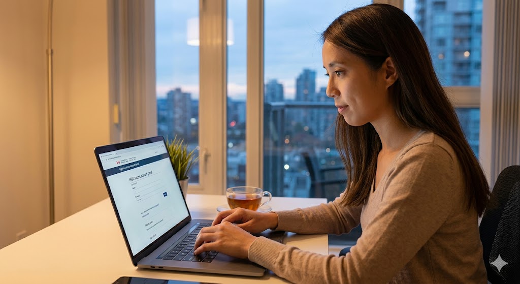Focused portrait of a young woman typing on a laptop at a desk in a warm home office. The laptop screen shows the 'IRCC secure account' portal login page. Twilight is visible through a window behind her.