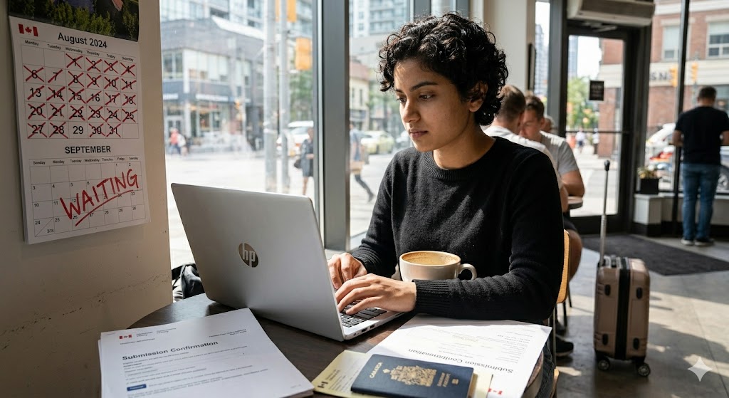 The same woman is working on a laptop at a café table covered in documents, including a 'Submission Confirmation.' A wall calendar nearby displays August 2024 with many dates crossed out, labeled 'WAITING,' implying the travel restriction of implied status. A small suitcase is in the background.