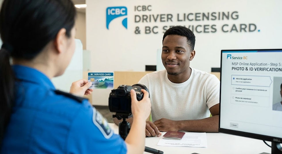 A young man of African descent sitting at an ICBC Driver Licensing and BC Services Card counter, smiling gently. An agent, whose back is to the camera, operates a digital camera on a tripod to take his photo. The man holds his passport. A computer monitor clearly displays the step: "MSP Online Application - Step 5: PHOTO & ID VERIFICATION."