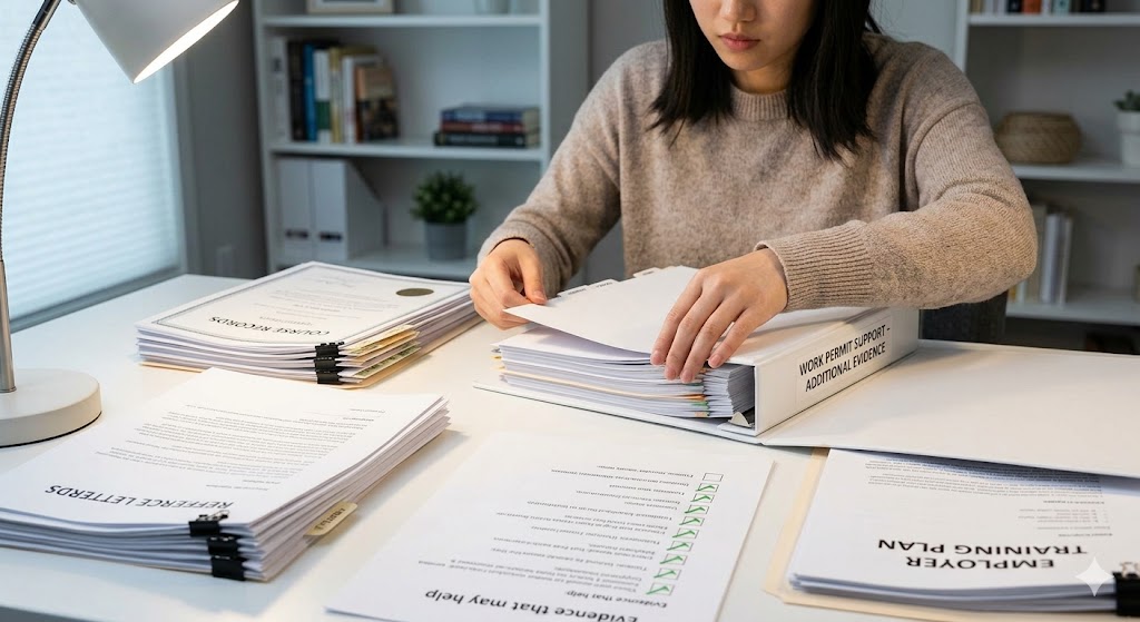 An applicant organizes comprehensive supporting evidence, like course records and training plans, into a tabbed binder for a reconsidered application.