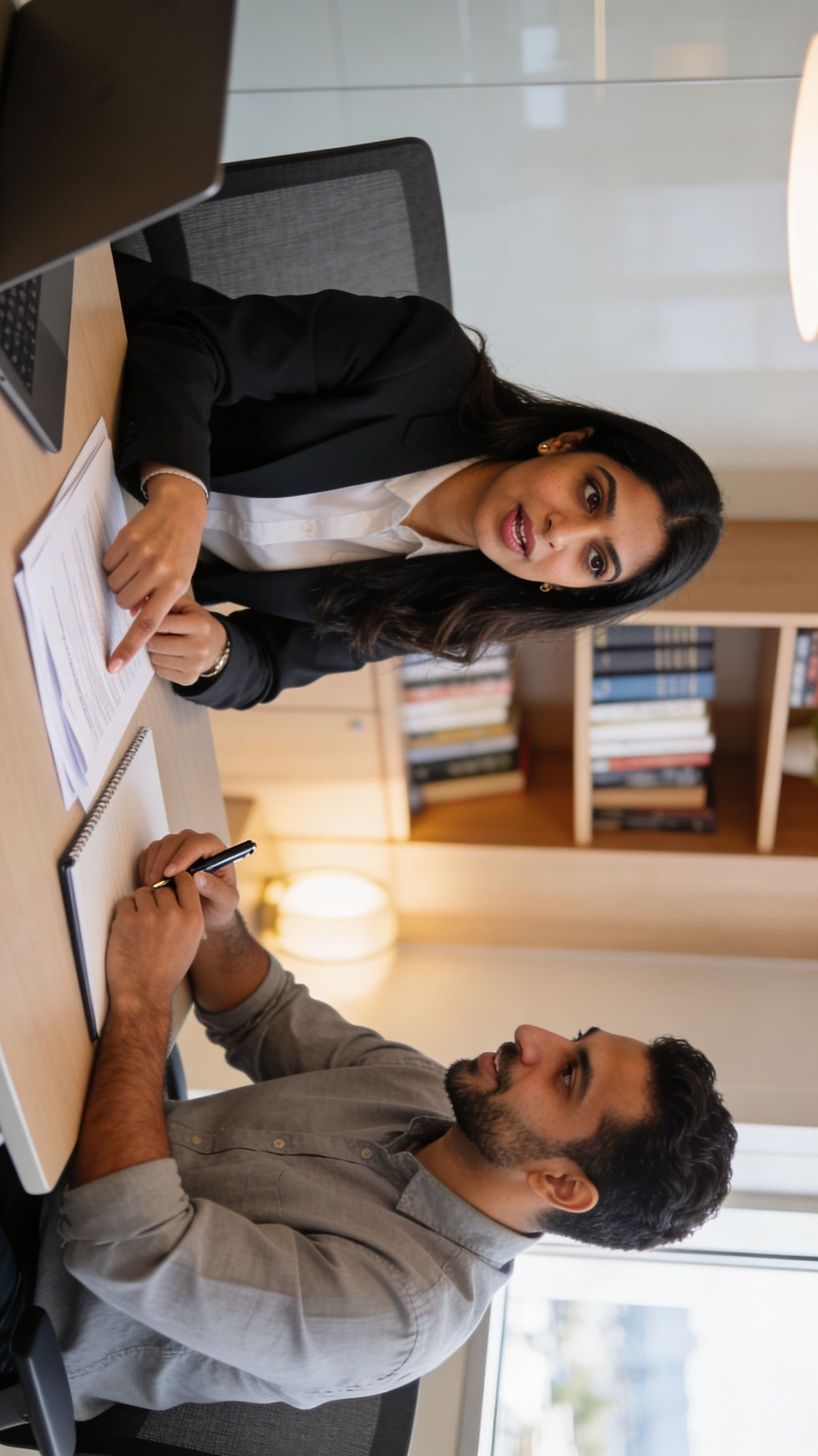 An immigration consultant and entrepreneur client reviewing a BC PNP application strategy together at a professional office desk in Vancouver