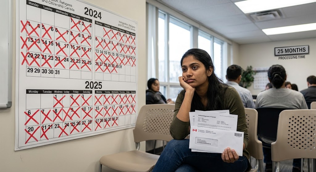 A documentary photograph inside a sterile IRCC waiting room. A South Asian woman applicant, holding official 'Acknowledgement of Receipt' letters and an IRCC envelope, sits in a plastic chair. She is looking slightly weary. Behind her, a large institutional wall calendar shows all days in 2024 and 2025 crossed out with red 'X's. A digital wall clock above it prominently reads '25 MONTHS' above 'PROCESSING TIME'.
