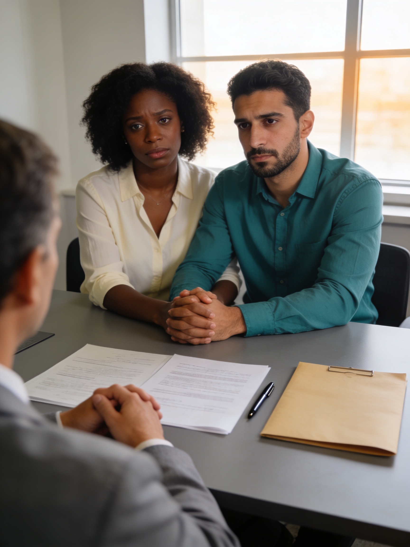 A couple sitting across from an immigration advisor at a professional desk, holding hands over paperwork, representing a spousal sponsorship immigration case in Canada.