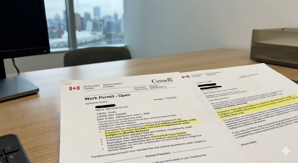 A photorealistic photo on an office desk showing an official Canadian 'Work Permit - Open' document. Key text is visible, indicating a 3-year validity starting in 2026, and a highlighted section referencing 'Exemption from standard fees and medical requirements under Indigenous Mobility Measures.' A faint Vancouver skyline is in the blurred background.