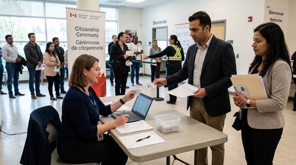A man in a blazer and a woman in a blazer standing at a registration desk during an in-person Canadian citizenship ceremony in a busy hall. The man is handing his Permanent Resident (PR) card to an IRCC official seated at a table with a laptop, while the official reaches to accept it. The woman next to him holds a folder of documents, including a passport. A "Citizenship Ceremony / Cérémonie de citoyenneté" banner is visible behind the desk. In the background, other attendees queue up, and security and event staff in high-visibility vests are visible near another desk and doorways.