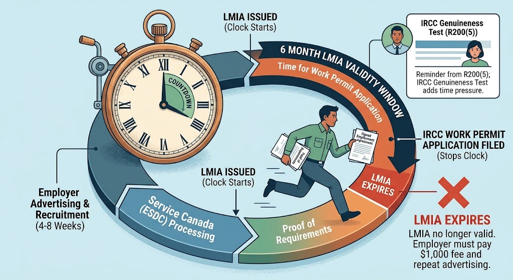 An infographic visualizes the complete timeline for a Canadian Labour Market Impact Assessment (LMIA) process, complete with important warnings. A sequential workflow illustrates 'Employer Advertising (4-8 Weeks)' which is excluded from government averages, followed by 'ESDC Processing (Service Canada)' with icons for different wage streams and estimated days. This leads to the 'LMIA ISSUED' milestone. A prominent warning section, marked with a large, antique clock face and an hourglass, highlights the '6-MONTH LMIA VALIDITY WINDOW' countdown. Text explains, 'If the temporary foreign worker hasn't applied by that date, the LMIA is no longer valid and employers must apply for a new LMIA to hire a temporary foreign worker.' A separate path shows the potential penalty: 'LMIA EXPIRES,' stating that the employer 'must pay $1,000 fee and repeat advertising,' with an arrow pointing back to the beginning advertising stage