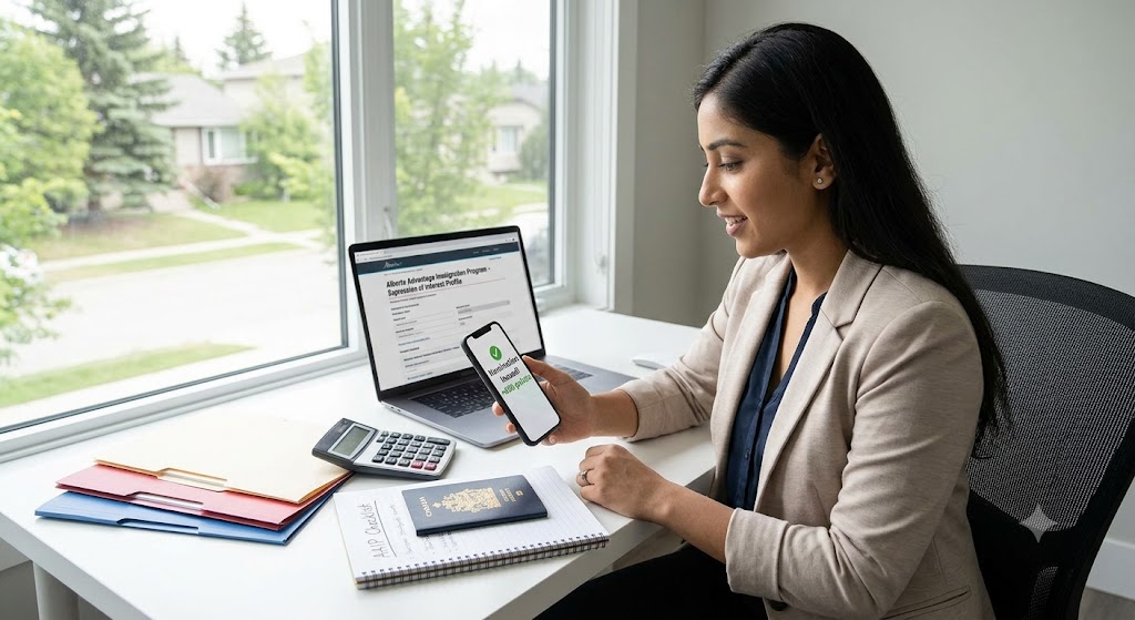 A photograph of a smiling South Asian woman in a Calgary home office, holding up her smartphone which displays a notification reading "Nomination Issued! +600 points." Her open laptop shows an online immigration portal, indicating she has been selected by the Alberta Advantage Immigration Program.