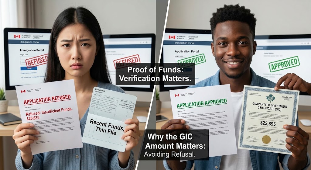 A split-screen photograph contrasting two outcomes of a Canadian study permit application. On the left, a sad Asian student holds a "Refused" letter for insufficient funds of $20,635. On the right, a smiling Black student holds an "Approved" letter and a Guaranteed Investment Certificate (GIC) for $22,895, emphasizing that the correct funding amount leads to success.