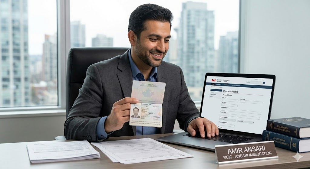 A portrait photograph of Amir Ansari, RCIC, sitting at his professional Vancouver office desk with a nameplate. He holds an international passport open in one hand and uses a laptop displaying an online IRCC application form with the other, illustrating his expertise in document review.